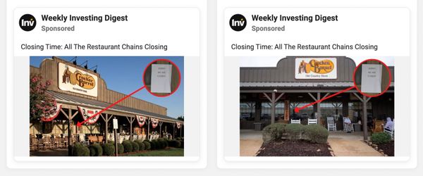 Cracker Barrel no cerrará todos los restaurantes y tiendas, ni se declarará en quiebra ni cerrará por otras razones, a pesar de los anuncios vistos en Facebook e Instagram.