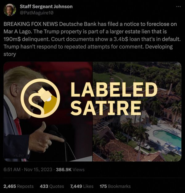 Un tweet de una cuenta parodia decía que el expresidente estadounidense Donald Trump recibió un aviso de ejecución hipotecaria del Deutsche Bank por su propiedad Mar-a-Lago en Palm Beach, Florida.