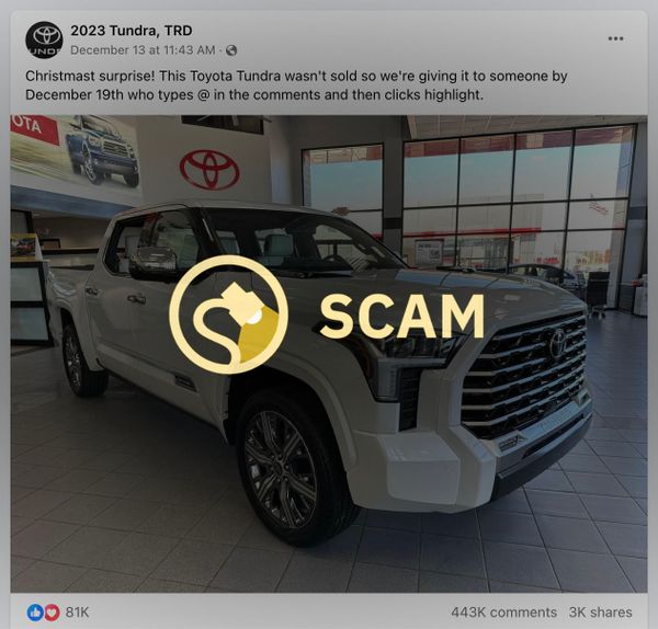 Las publicaciones de Facebook prometían un obsequio sorpresa de Navidad de la Toyota Tundra 2023, pero fue una estafa.