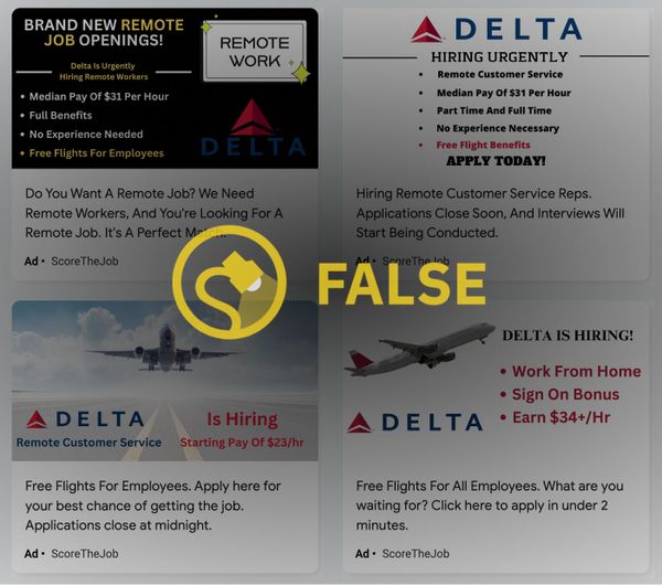 Un rumor decía que Delta Air Lines estaba ofreciendo puestos de trabajo de servicio al cliente remotos y desde casa con vuelos gratuitos para los nuevos empleados.