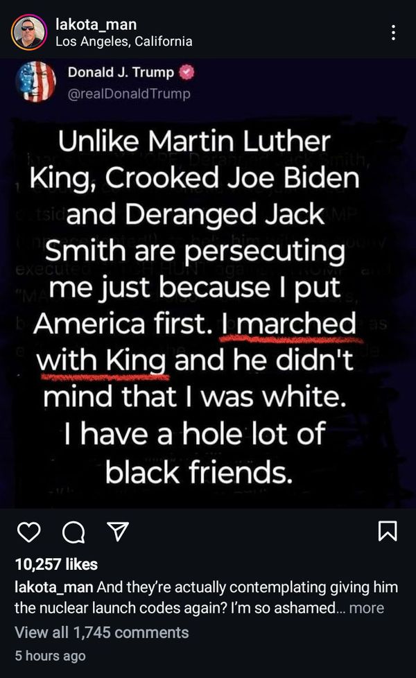 Una supuesta captura de pantalla de una supuesta publicación del expresidente estadounidense Donald Trump afirmaba que una vez marchó con MLK Jr.