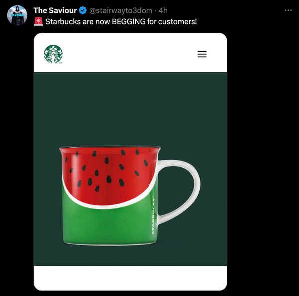 Los usuarios de X afirmaron que Starbucks había lanzado una nueva taza de sandía como una forma de mostrar apoyo a los palestinos y enfriar los esfuerzos de boicot contra la empresa.