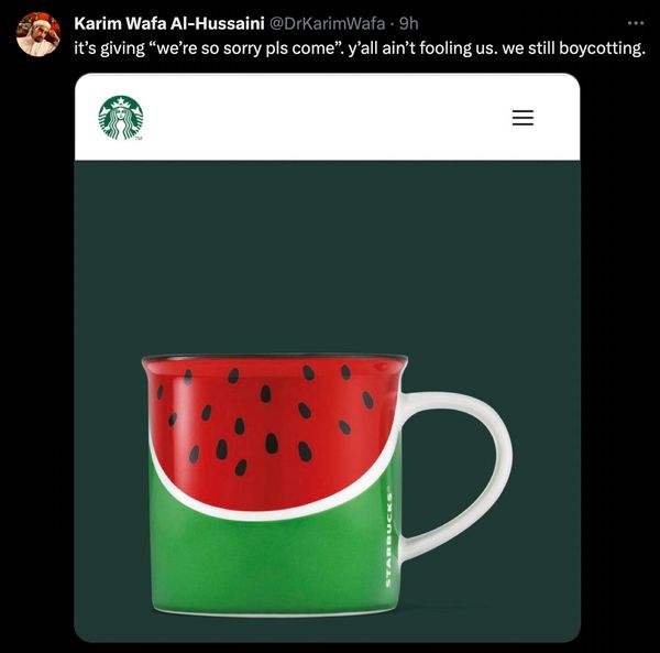 Los usuarios de X afirmaron que Starbucks había lanzado una nueva taza de sandía como una forma de mostrar apoyo a los palestinos y enfriar los esfuerzos de boicot contra la empresa.