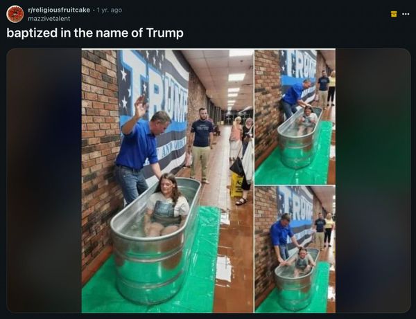 Los usuarios en línea compartieron fotografías que supuestamente mostraban a una joven siendo bautizada en un abrevadero o tanque para ganado bajo la bandera de Trump.