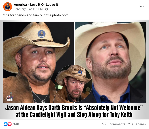 ¿Jason Aldean dijo que Garth Brooks “no fue en absoluto bienvenido” en la vigilia de Toby Keith?