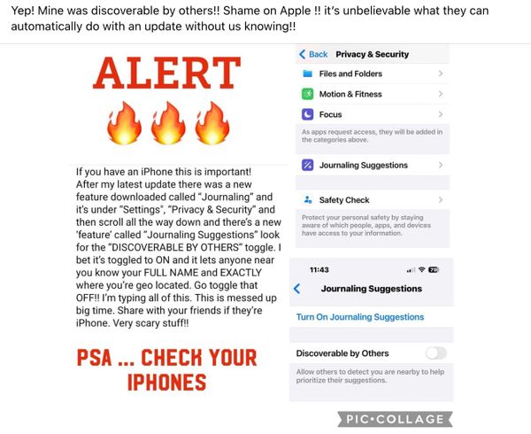Una función del iPhone etiquetada como Descubrible por otros en Sugerencias de diario permite a extraños rastrear su nombre y ubicación.