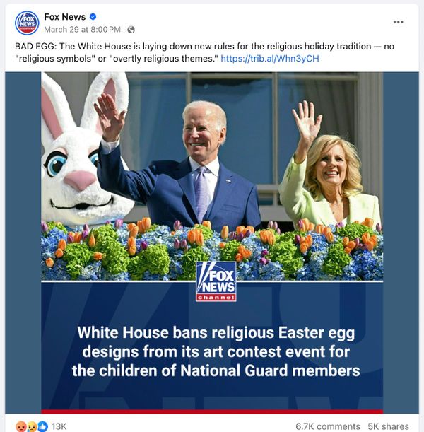 Un rumor afirmaba que el presidente Joe Biden prohibió la religión en un concurso de huevos de Pascua en la Casa Blanca.