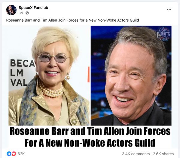 Una publicación y un artículo en Facebook afirmaban que Roseanne Barr y Tim Allen habían unido fuerzas para crear un nuevo gremio de actores no despiertos.