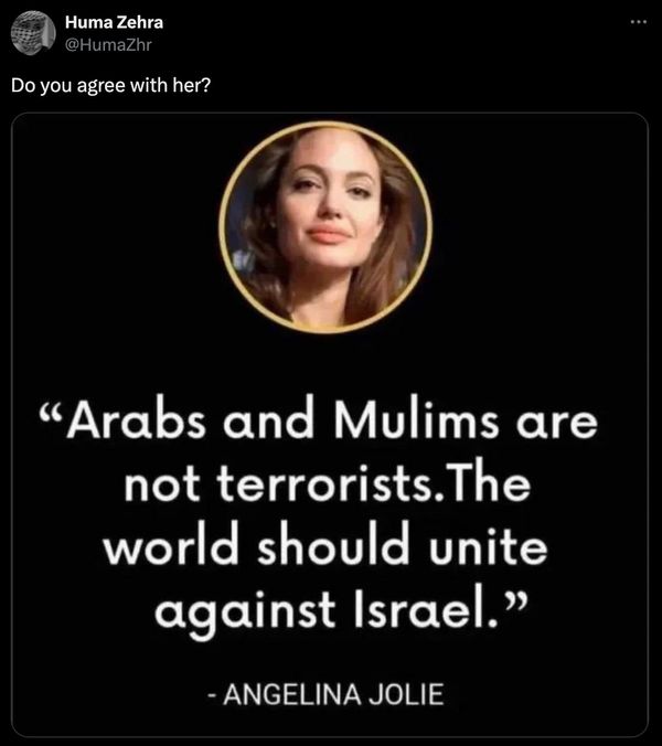 La gente en las redes sociales afirmó que Angelina Jolie dijo una vez que los árabes y los musulmanes no son terroristas y que el mundo debería unirse contra Israel.