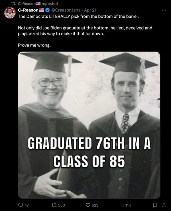 Un rumor decía que Joe Biden terminó en el puesto 76 entre una clase de 85 en la Facultad de Derecho de la Universidad de Syracuse en 1968.