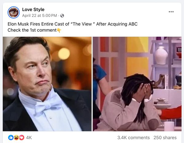 Las publicaciones en línea afirmaban falsamente que Elon Musk despidió a todo el elenco de The View después de adquirir ABC y tenían el titular que decía: Elon Musk revoluciona la televisión con adquisiciones y despidos atrevidos.